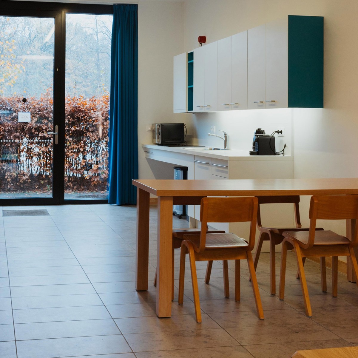 Een moderne keuken met een houten eettafel en stoelen, naast een raam met uitzicht op een herfstachtig tuin.