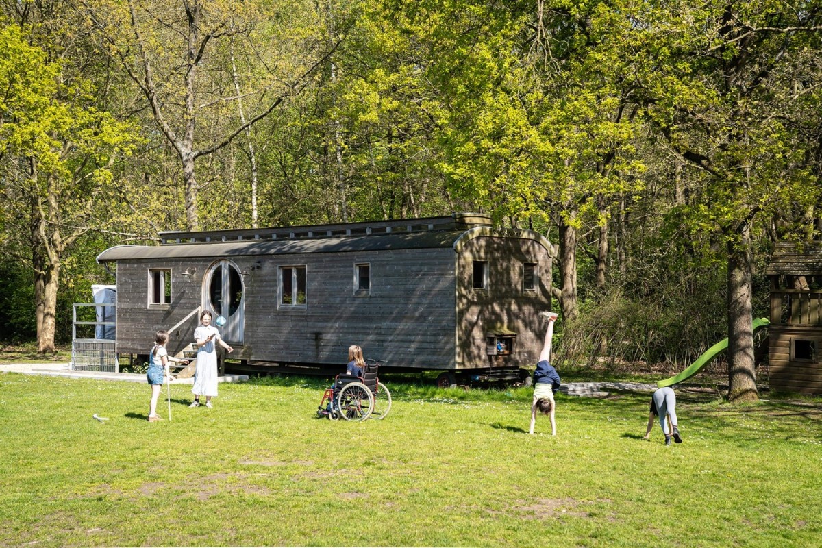 Kinderen spelen op een grasveld met een houten huisje op de achtergrond; twee kinderen maken handstanden terwijl een meisje met een rolstoel toekijkt en een ander kind in een jurk staat.