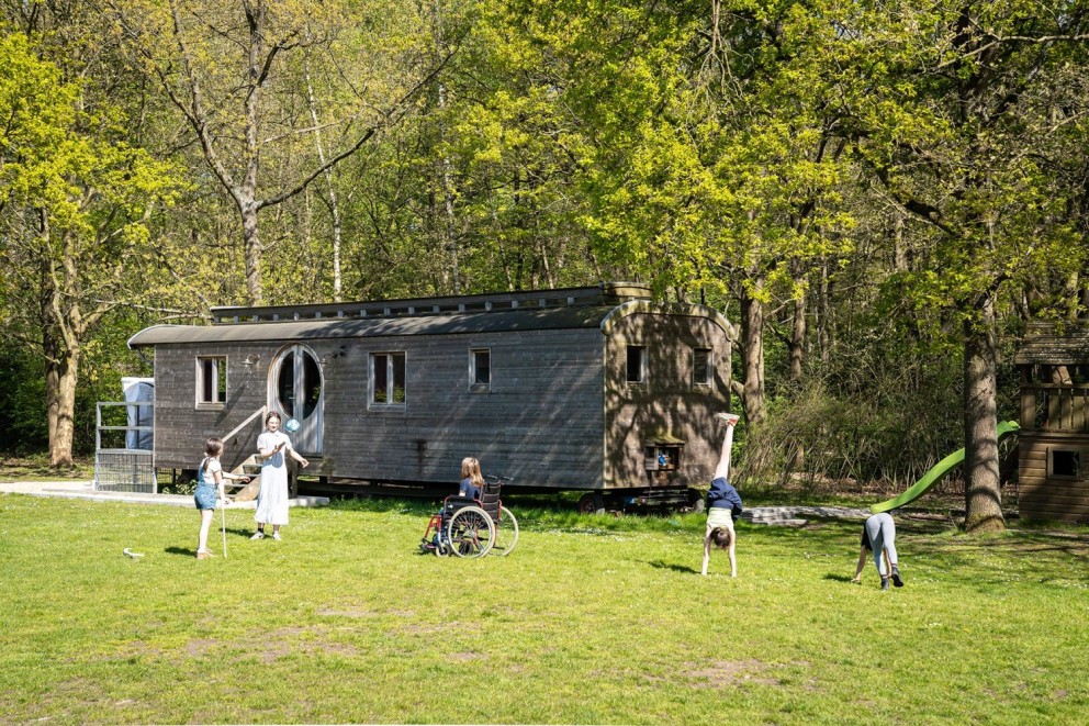 Kinderen spelen op een grasveld met een houten huisje op de achtergrond; twee kinderen maken handstanden terwijl een meisje met een rolstoel toekijkt en een ander kind in een jurk staat.