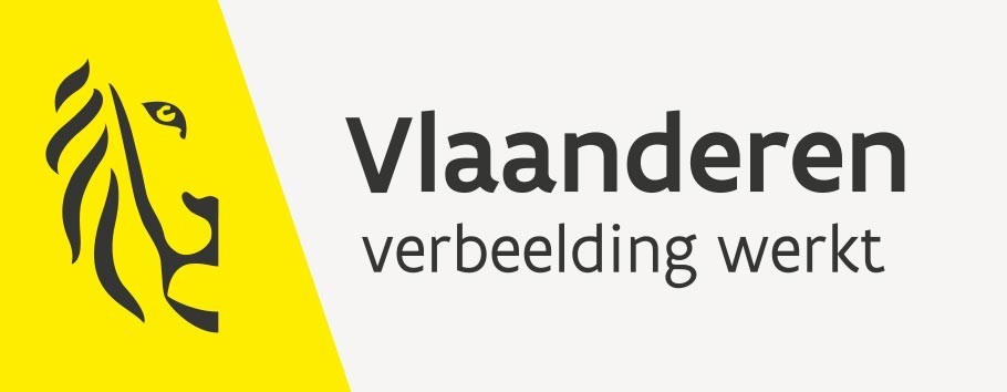 Logo van Vlaanderen met de tekst "Vlaanderen" en "verbeelding werkt", op een lichte achtergrond met een gele accenten en een abstracte leeuw.